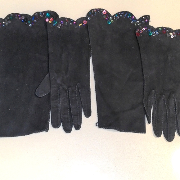 Black Suede Gloves Arm Sleeves Gauntlet Sequined Elegant 4pc Set Vintage SZ S - Picture 7 of 15